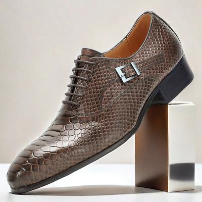 Men's Premium Cowhide Leather Dress Shoes with Snakeskin Texture, Lace-Up Design and Buckle Detail, Stylish Formal Shoes for Business, Weddings, and Special Occasions