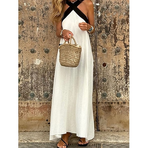 Damen Maxikleid Baumwoll Mischung Shiftkleid Sommerkleid Maxikleid aus Baumwolle Elegant Mode Lässig Täglich Outdoor Ferien Lässiger Schnitt Ombre Ärmellos Kalter Schulter-Ausschnitt Schwarz Weiß Image