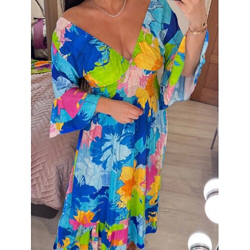 Damen Maxidress Casual kleid Schaukelkleid A Linie Kleid Brautkleider schlicht Täglich Regular Fit Blumen 3/4 Ärmel V Ausschnitt Rosa Blau Grün Sommer Frühling Herbst Image