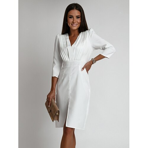 Robe de travail Robe Fourreau Femme Robe mi-longue Elégant Mode Ruché Fendu Col V manche longue Bureau du quotidien Plein Standard Noir Blanche Kaki Automne S M L XL 2XL