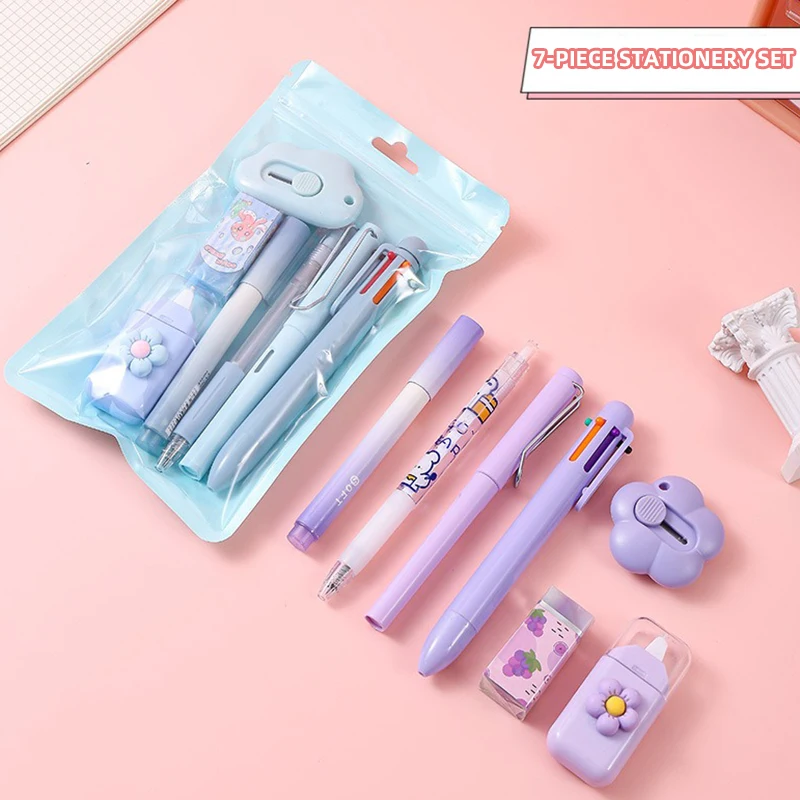 Kawaii Briefpapier 7-teiliges Set (6-Farben-Kugelschreiber Gelstift Bleistift Marker Allzweckmesser Korrekturband Radiergummi) Student Souvenir Image