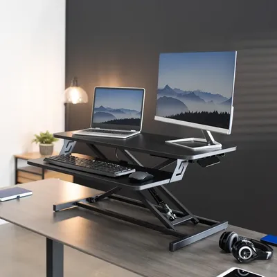 Height Adjustable 32 inch Stand Up Desk Converter, Quick Sit to Stand Tabletop Dual Monitor Riser