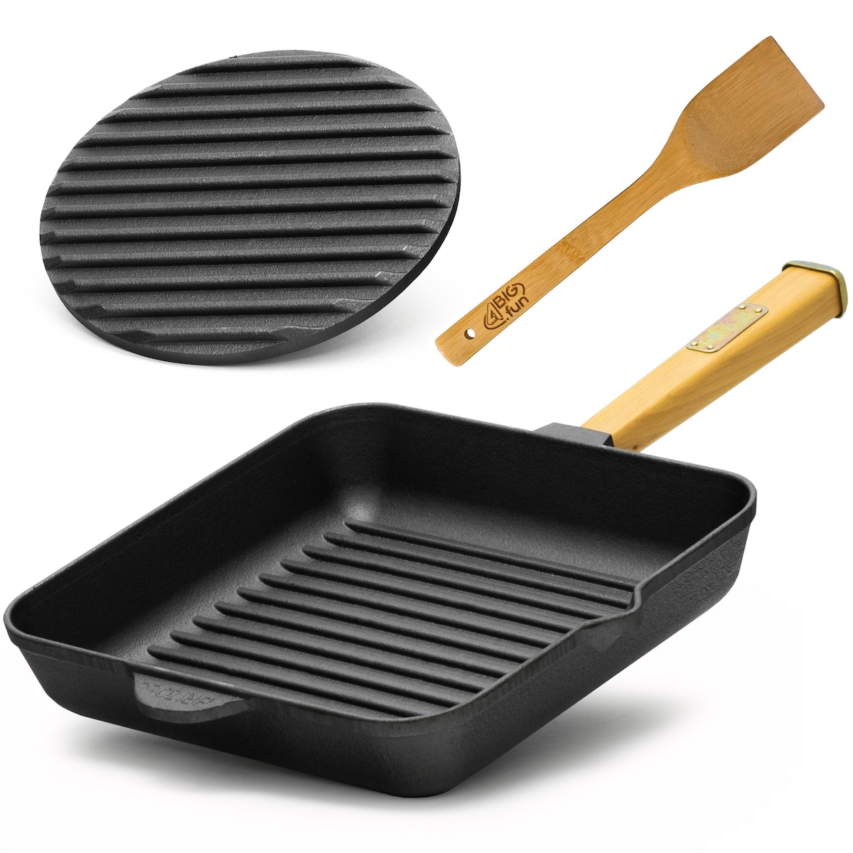 BRIZOLL 26cm Gusseisen Grillpfanne Holzgriff Pressdeckel Bratpfanne Pfanne Feuerpfanne Pfannenwender Induktion Image