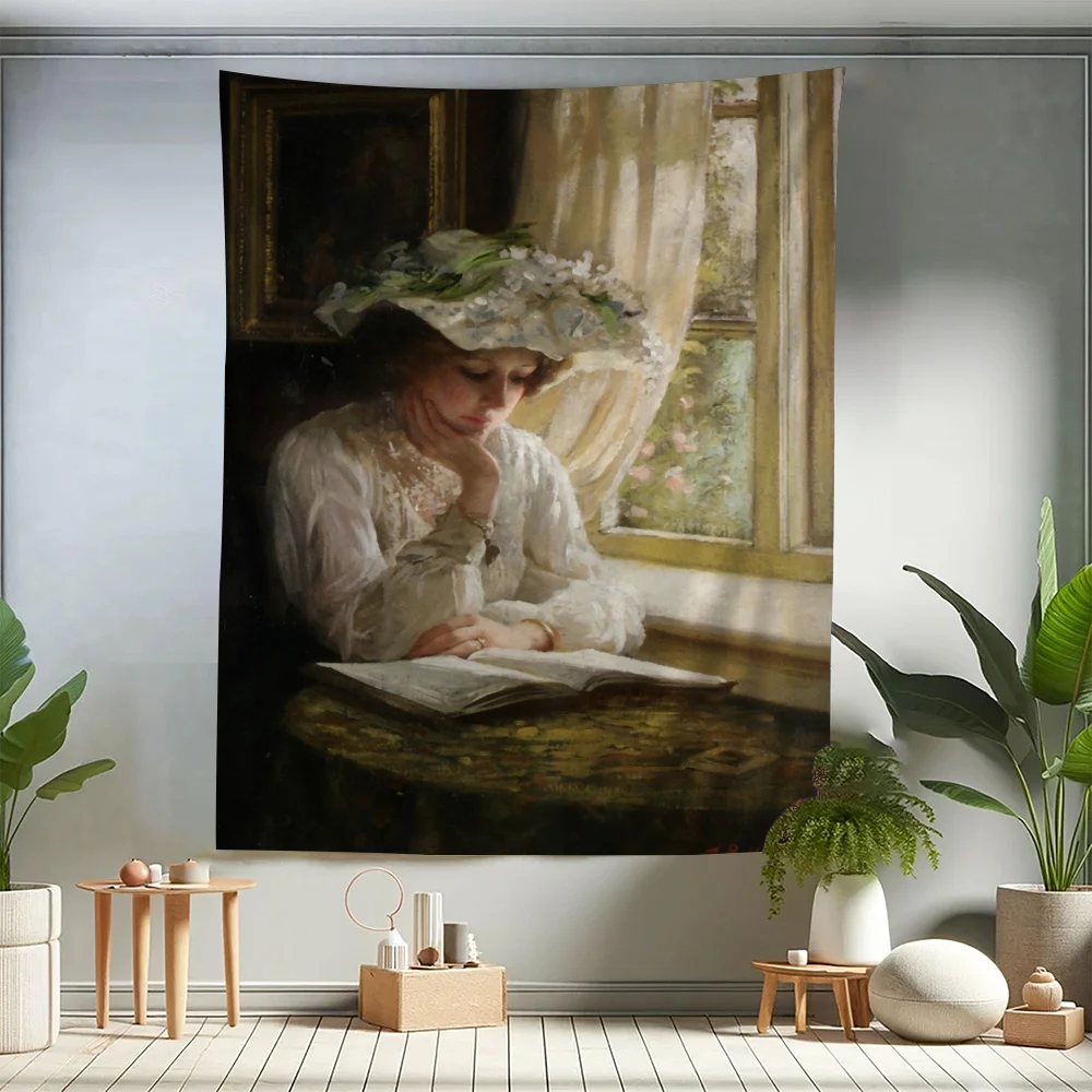 Viktoria nische Frau liest elegantes Porträt gedruckt großen Wandteppich indischen Buddha Wand dekoration Hexerei böhmischen Hippie Image