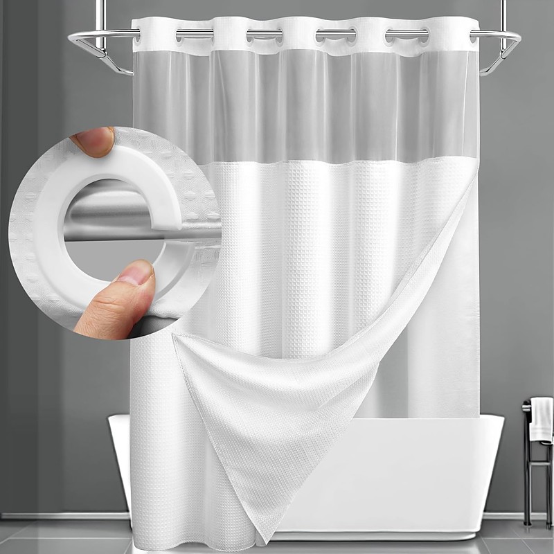 Waffle-Weave Textured Shower Curtain Set with Snap-in Liner and Sheer Window Water-Repellent Polyester Blend Fabric,Grommet Top,120GSM Hotel Quality Spa Style Bathroom Partition No Hooks Required