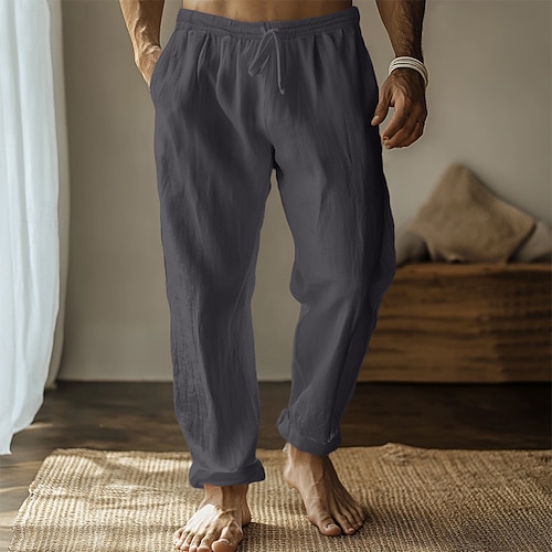 Herren Leinenhose Hose Hosen Sommerhosen Gazehose Kordelzug Elastische Taille Gerade geschnitten Glatt Komfort Atmungsaktiv In voller Länge Heim Casual Täglich Modisch Klassicher Stil Schwarz Weiß Image
