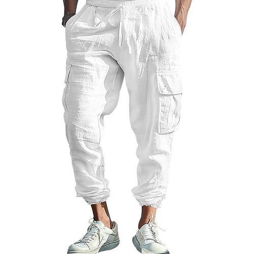 Herren Leinenhose Cargo-Jogger Hose Hosen Sommerhosen Kordelzug Elastische Taille Multi Pocket Glatt Komfort Atmungsaktiv In voller Länge Outdoor Casual Täglich Modisch Klassicher Stil Schwarz Weiß Image