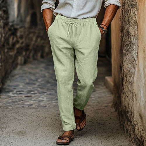 Herren Leinenhose Hose Hosen Tasche Kordelzug Glatt Komfort Atmungsaktiv Täglich Strassenmode Vintage Stilvoll Hellkaki Schwarz Mikro-elastisch Image