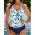 Damen Badeanzug Tankini 2 Stück Cheeky-Bikinihose Bademode Rückenfrei Hohe Taillenlinie Urlaub Strandbekleidung Blumen Halfterhals Ärmellos Badeanzüge