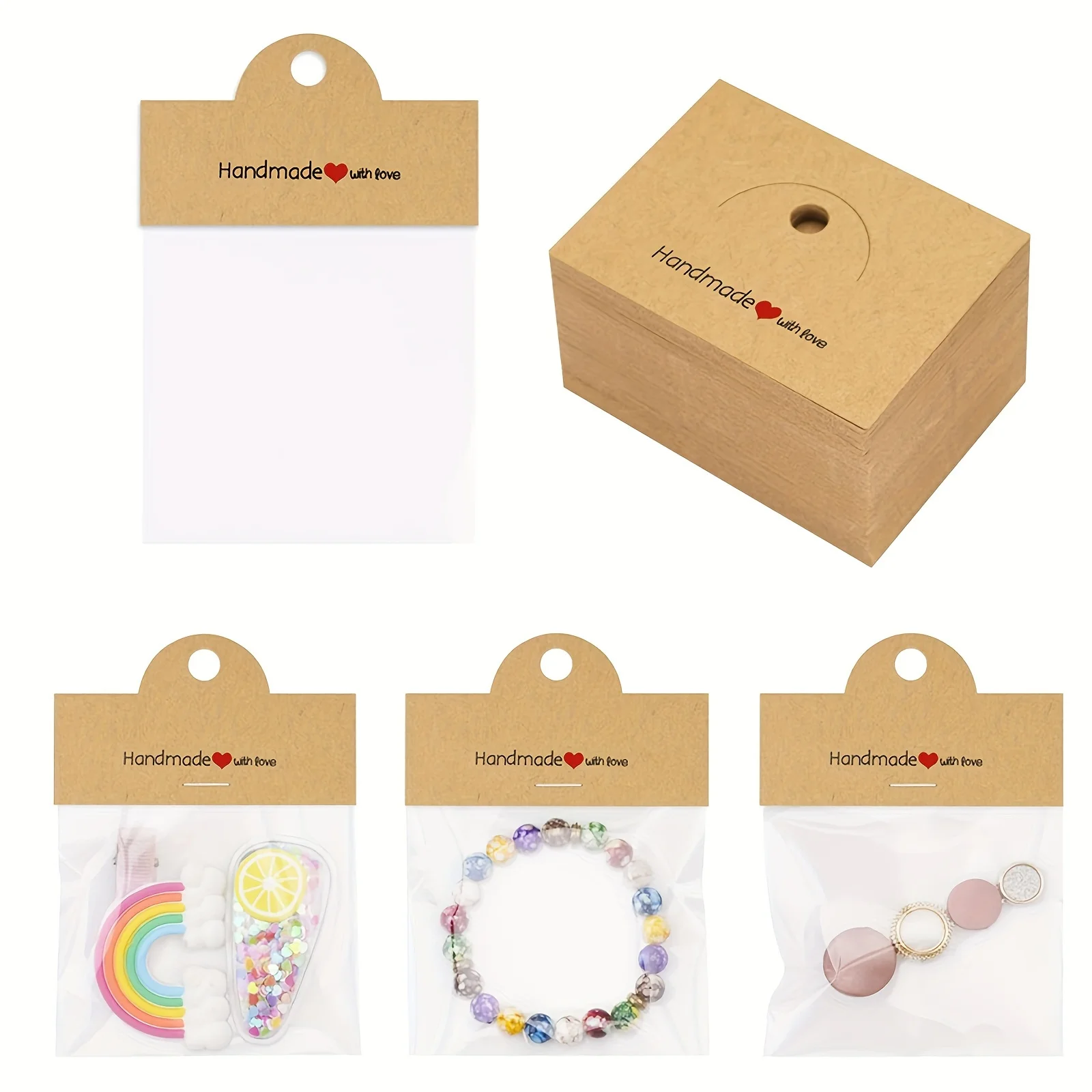 Sacchetti per gioielli da 100 pezzi, inclusi 50 sacchetti e 50 carte, sacchetti trasparenti per esposizione di gioielli, bracciali, orecchini, set di imballaggi artigianali