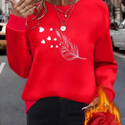 TEMU Women's Red Long Sleeve Round Neck Sweatshirt - Elegant Heart & Graphic Print, Soft Machine-washable Fabric, Casual Pullover, Everyday Apparel, Easycare Clothing Image