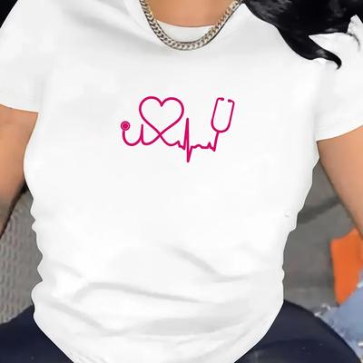 TEMU Women's Casual T-shirt With Pink Ecg And Heart Print - Short Sleeve, Round Neck, Medium Stretch, Sporty Design, , Leisure Clothing | Heartbeat Graphic Tee | Comfortable Fi Image