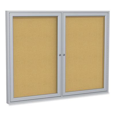 Ghent MFG PA23648K 2 Door Enclosed Natural Cork Bulletin Board with Satin Aluminum Frame, 48 x 36, Tan Surface