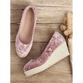 chaussures compensées espadrilles en velours rose pour femmes, chaussures plates décontractées à enfiler pour l'été et le quotidien