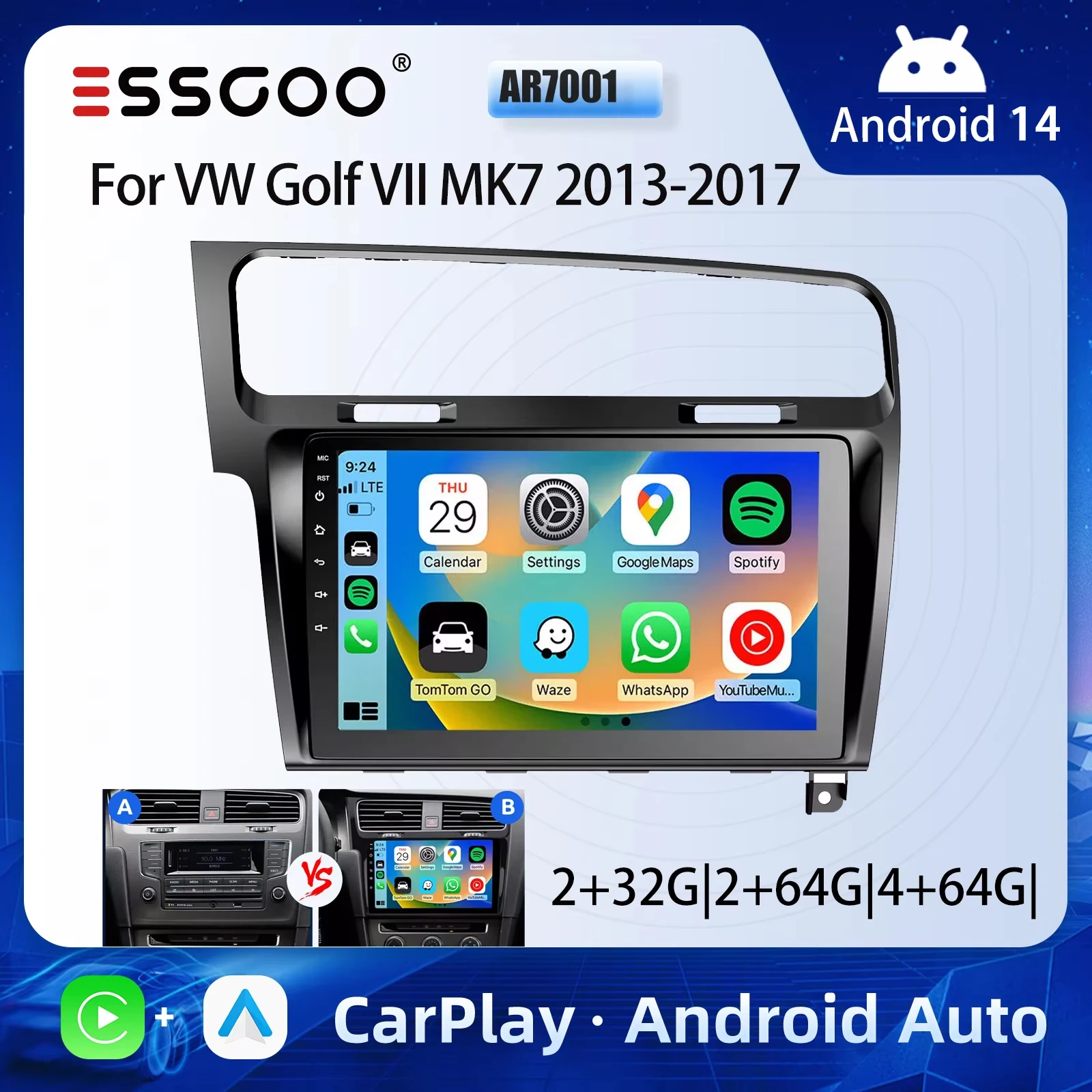 ESSGOO 10" Android 14 4-Kern Autoradio GPS Navigation für Volkswagen VW Golf 7 MK7 VII 2013-2017 Multimedia Player Display Wireless CarPlay Android Auto Car WIFI USB Bluetooth RDS Image