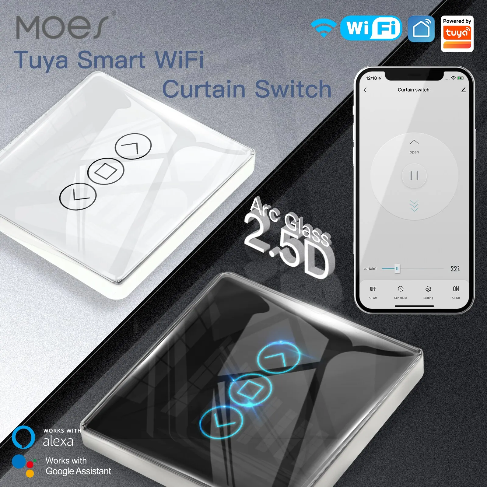 Moes Tuya WiFi RF433 2,5 D Arc Vorhang Schalter Glas Touch Panel für Rollos Fensterläden Schalter Smart APP Drahtlose Fernbedienung Alexa