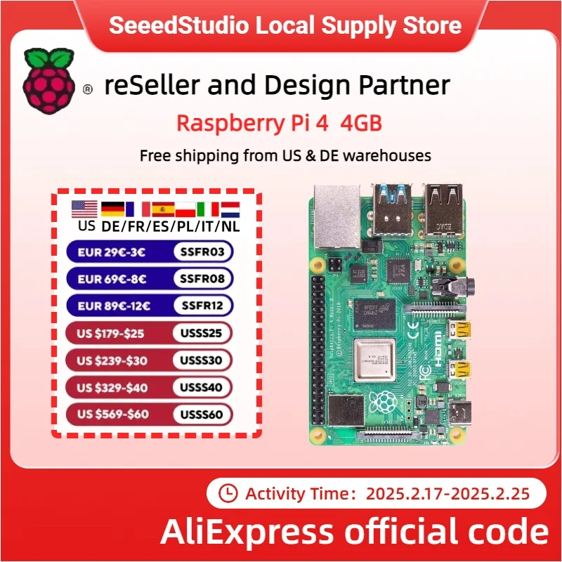 Raspberry Pi 4 4 GB Computer Modell B 1 GB/2 GB, Quad-Core Cortex-A72, BCM2711, 2,4 GHz und 5,0 GHz IEEE 802.11b/g/n/ac kabellos Image