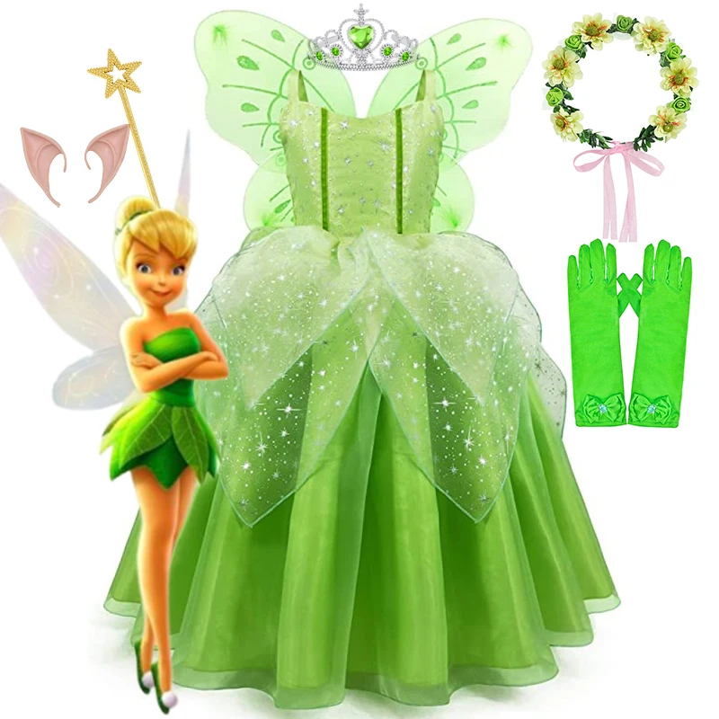 Disney Mädchen Tinker Bell Kostüm Elf Prinzessin Kleid für Kinder Grün Tinkerbell Kostüm Elfen Karneval Party Blumenfeenkleid