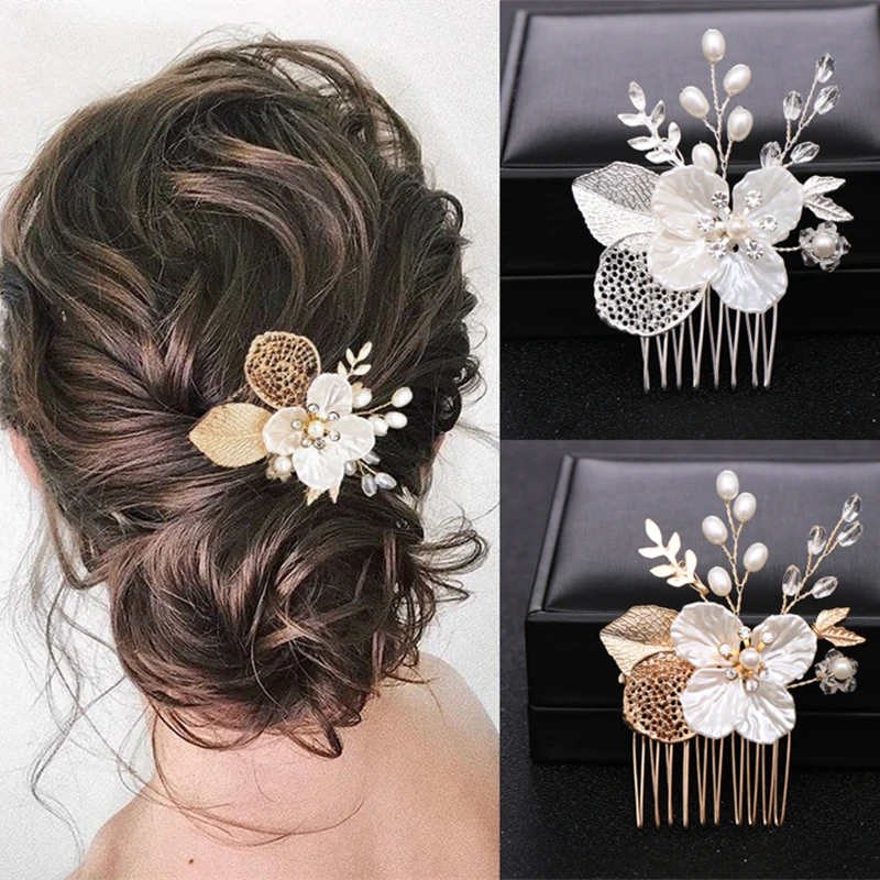 Gold oder Silber Perle Blume Blatt Kristall Haarkamm Pin Band für Frauen Braut Hochzeit Braut Haarschmuck Schmuck Kamm Geschenk Image