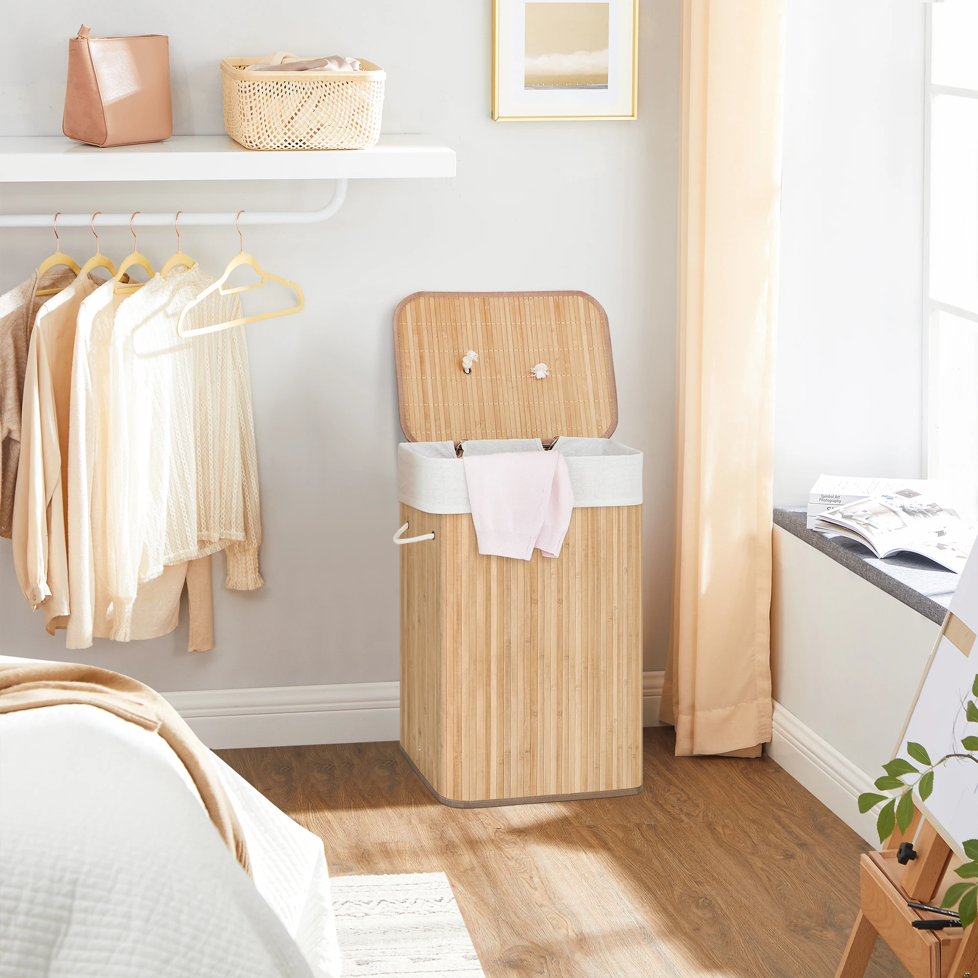 SONGMICS Wäschekorb mit Deckel, 72 L, Wäschekorb aus Bambus, faltbar, mit abnehmbarem waschbarem Beutel, Griffen, für Waschküche Image