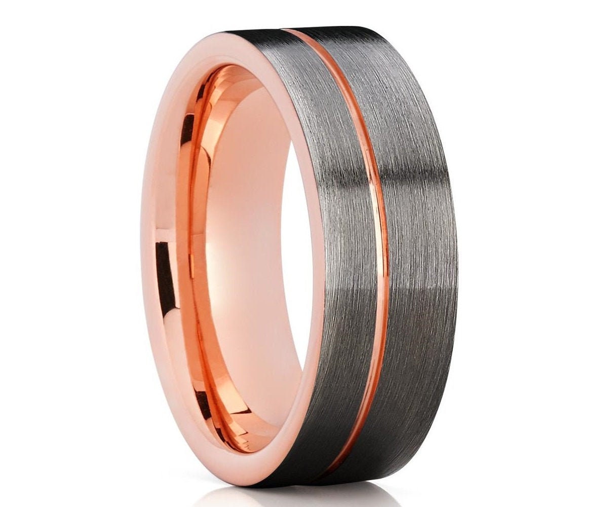 Fede nuziale in tungsteno oro rosa, fede nuziale in tungsteno canna di fucile, fede nuziale in tungsteno unica, anello di fidanzamento, oro rosa 18k,