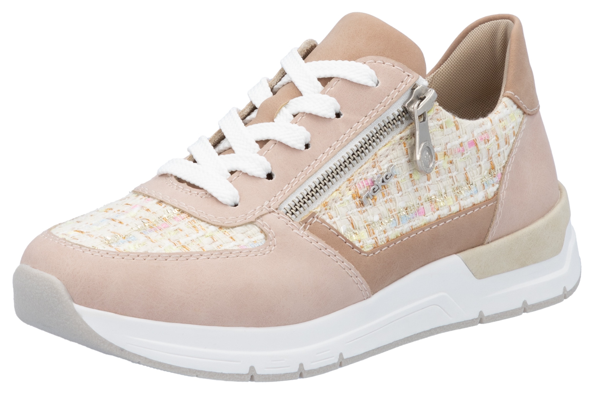 Keilsneaker RIEKER, Damen, Gr. 38, weiß (rosé, sanftes weiß), Lederimitat, Textil, Schuhe Sneaker, Halbschuh, Freizeitschuh, Casual-Schnürschuh im Materialmix