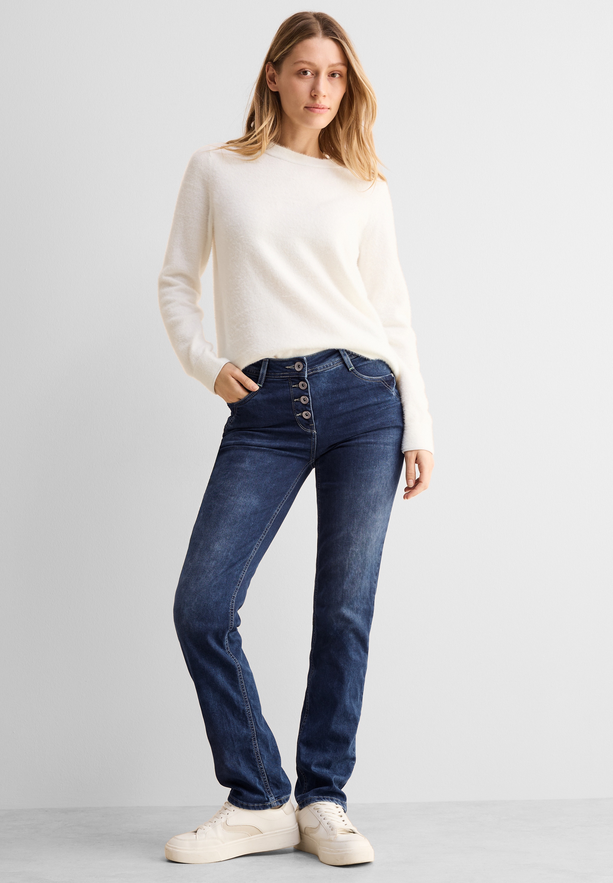 Straight-Jeans CECIL, Damen, Gr. 28, Länge 30, blau (mid blau wash), Jeans, 75% Baumwolle, 23% Polyester, 2% Elasthan, unifarben, lang, Jeans, mit Knopfleiste Image
