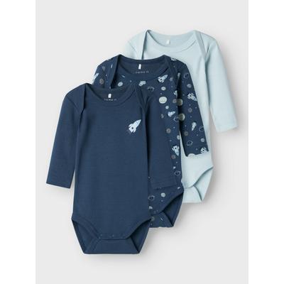 Schlafoverall NAME IT "NBMBODY 3P LS DARK SPACE NOOS", Baby, Gr. 56, N-Gr, blau (schwarz denim), Jersey, Obermaterial: 100% Baumwolle, bedruckt, casual, regular fit, Langarm, Overalls Image