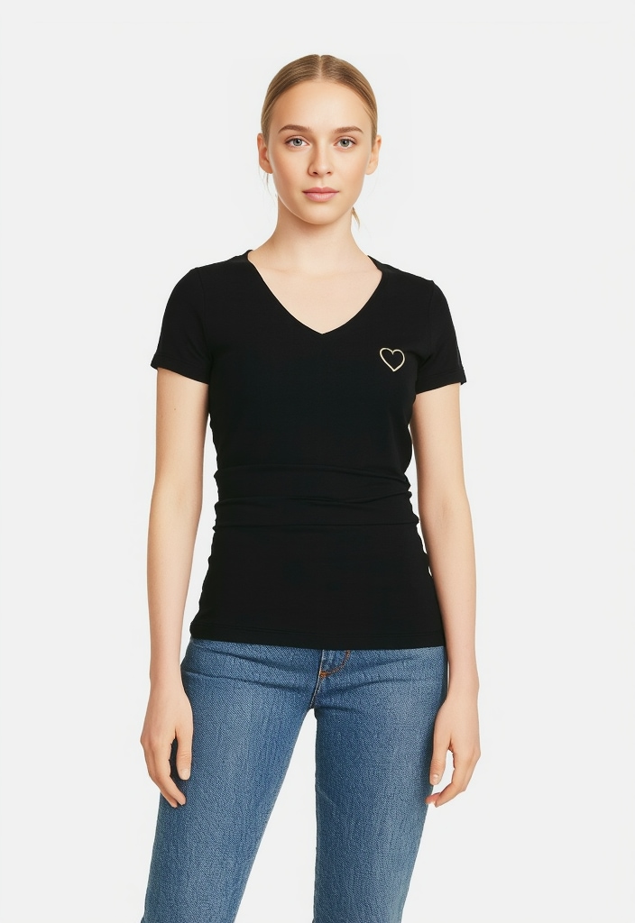 V-Shirt PIECES "PCNEW BILLY TEE EMB NOOS BC", Damen, Gr. M, schwarz (schwarz detail:gold heart outline), Jersey, Obermaterial: 95% Baumwolle, 5% Elasthan, bedruckt, regular fit normal, V-Ausschnitt, Shirts