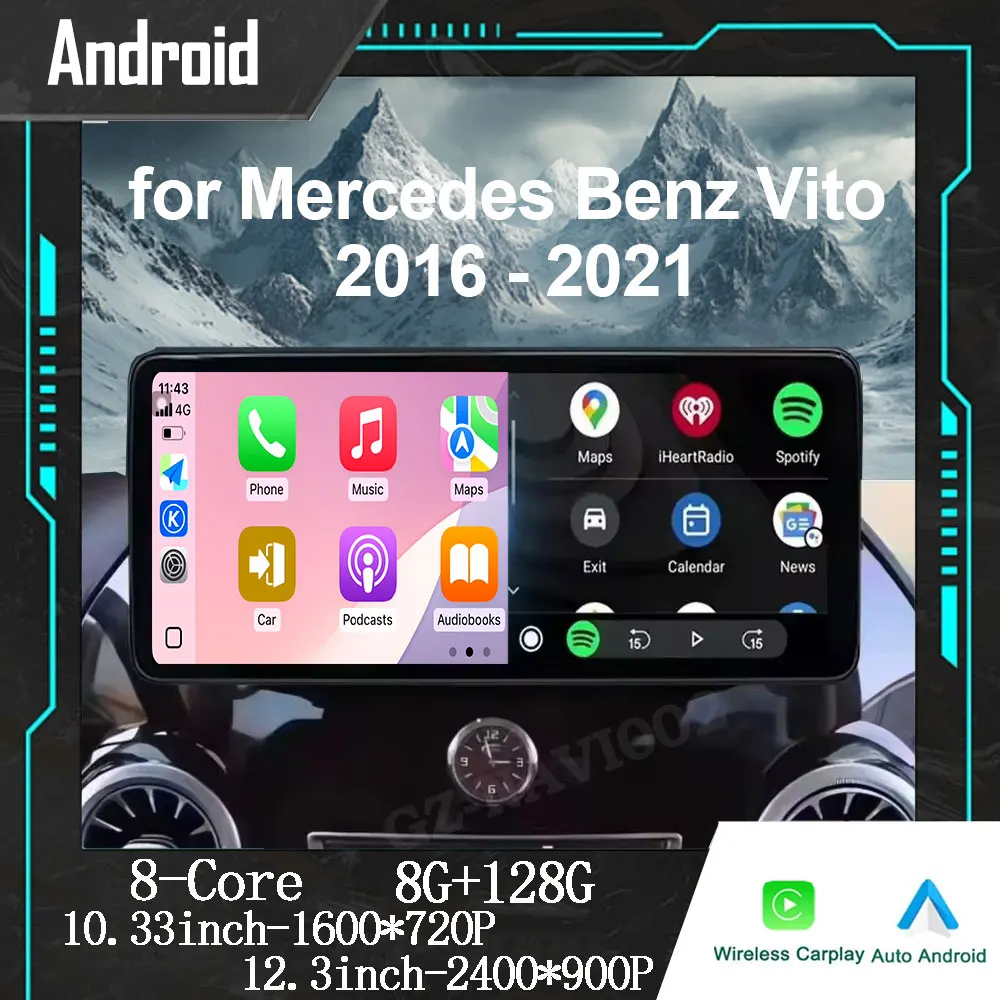 Autoradio Android OS 12.3 pouces, pour Benz Vito W447 2014 – 2021, récepteur stéréo, Navigation GPS, lecteur vidéo Carplay, sans DVD 2DIN