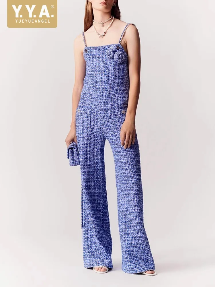 Designer Frauen Herbst Hosenträger Overall Perlen Perlen Strap Lange, Breite Bein Hosen High Street One Piece Tweed Overalls Image