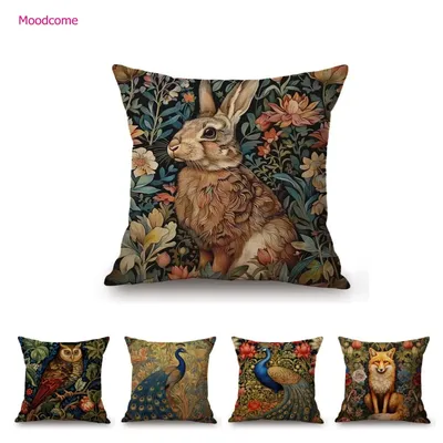 William Morris Blumenmuster Fuchs Kaninchen Vogel Hirsch Tier Heimdekoration Kunst Baumwolle Leinen Image