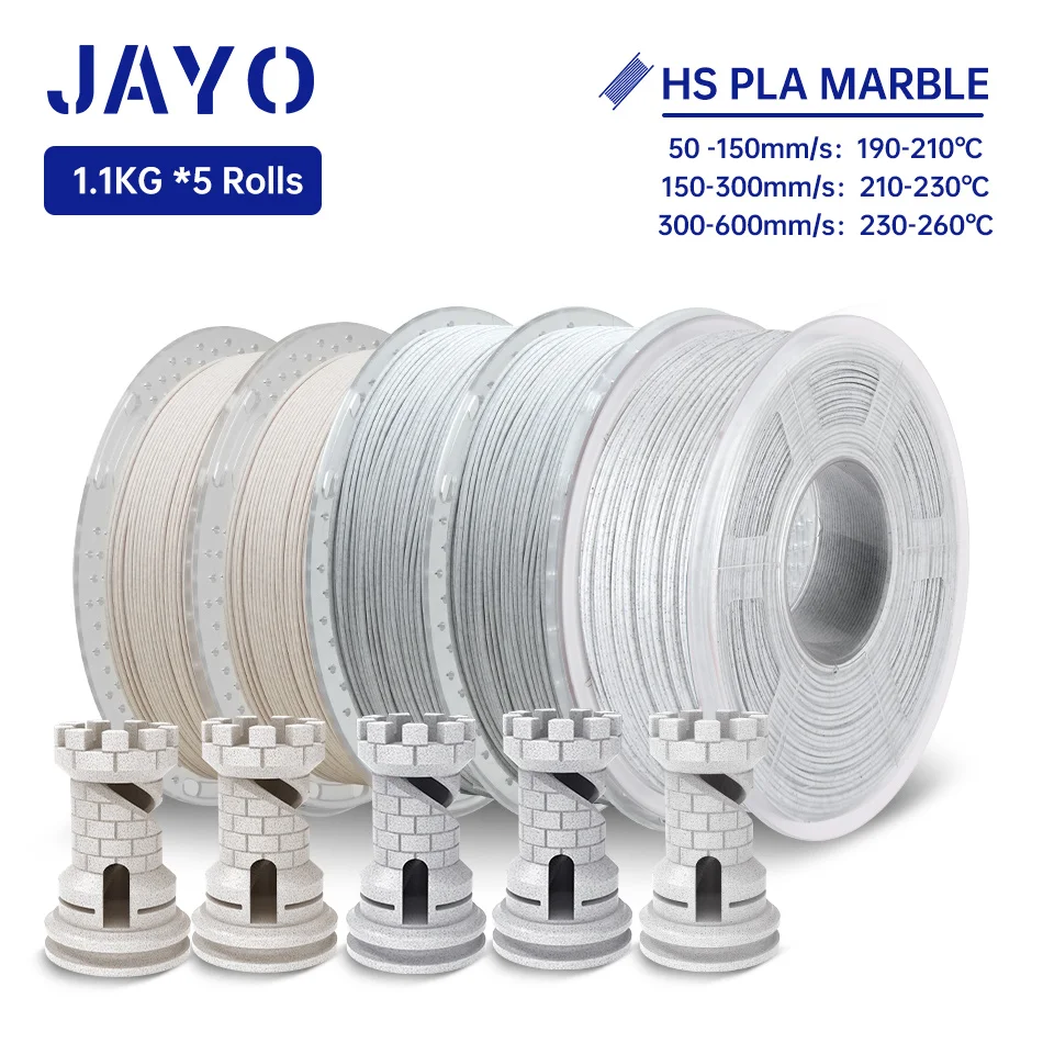 JAYO PLA-Filament, 5 Rollen, PLA-Marmor, 3D-Drucker-Filament, 1,75 mm, für FDM-3D-Drucker, Hochgeschwindigkeits-Marmorstruktur, 3D-Druckmaterial Image