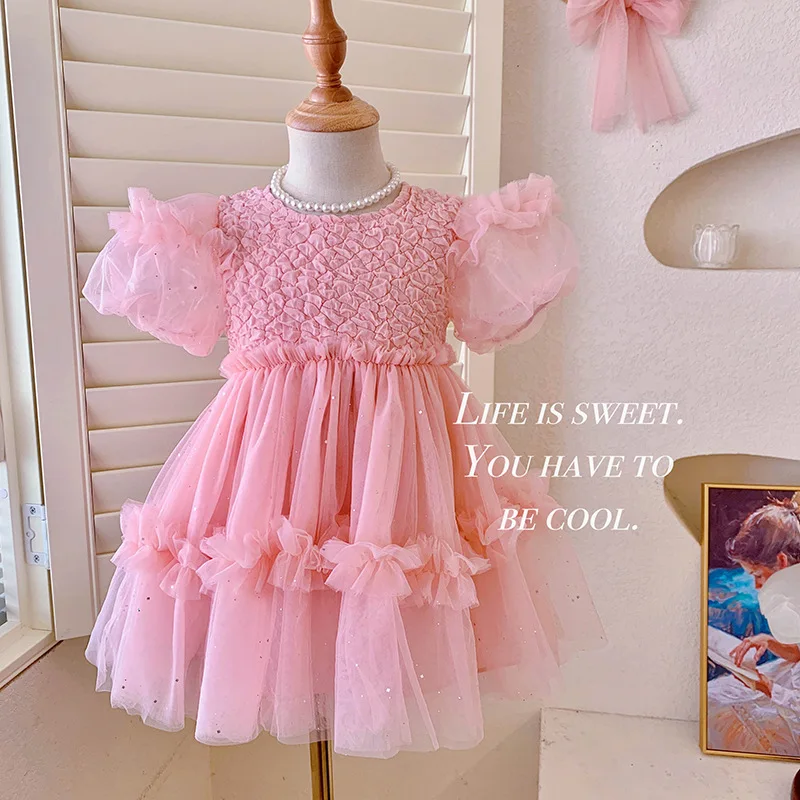 Baby Mädchen Kleid Sommer Mesh Einfarbig Blase Hülse Mädchen Prinzessin Kleid Nette Mädchen Hochzeit Blumenmädchen Kleider Image