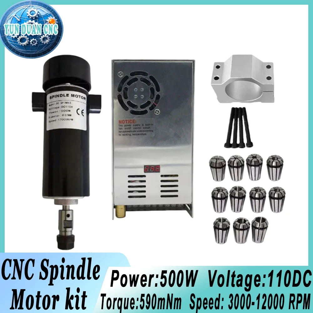 500 W CNC-Spindelmotor 110 VDC luftgekühltes Netzteil Geschwindigkeitsregler ER16 Spannzangen mit 52 mm Klemmen Halterung 12000 U/min CNC-Fräser Image