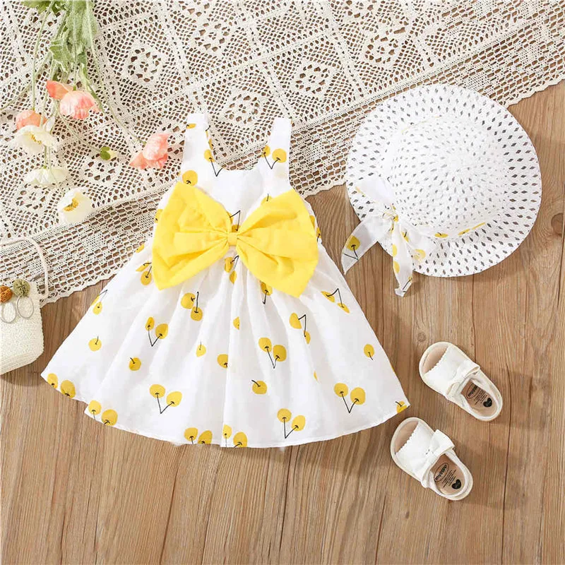 Baby Mädchen Kleid Sommer Kirsche Schleife Mädchen Strandkleid Süßes Mädchen Prinzessin Kleid mit Hut Image