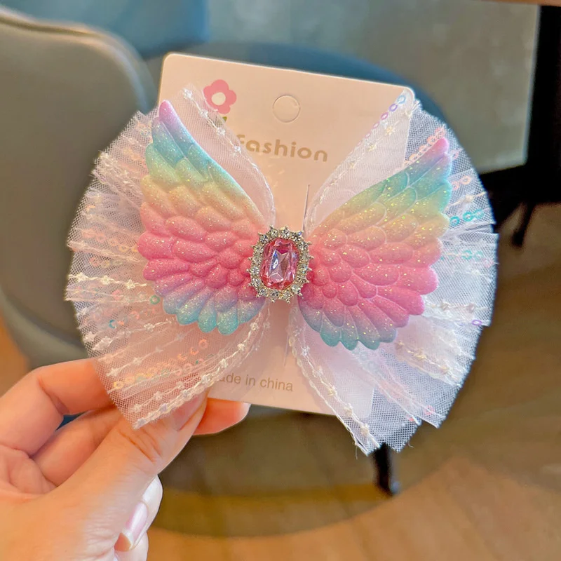 1PC Neue Prinzessin Engel Flügel Pailletten Bogen Mädchen Schöne Haarnadeln Kinder Headwear Grips Haar Clips Barrettes Haar Zubehör Image
