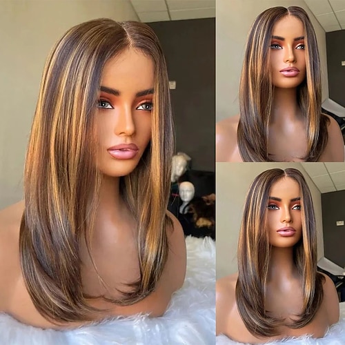 Echthaar 5x5 Verschluss 13x4 Spitzenfront Perücke Mittelteil Brasilianisches Haar Glatt Braun Mehrfarbig Perücke 130% 150% Haardichte Strähnchen / Balayage-Technik Leimlos Vorgerupft Für Damen Lang Image