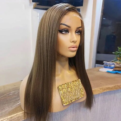 Echthaar 5x5 Verschluss 13x4 Spitzenfront Perücke Freier Teil Brasilianisches Haar Glatt Hellbraun Perücke 130% 150% Haardichte mit Babyhaar 100% Jungfrau Leimlos Vorgerupft Für Damen Lang Echthaar