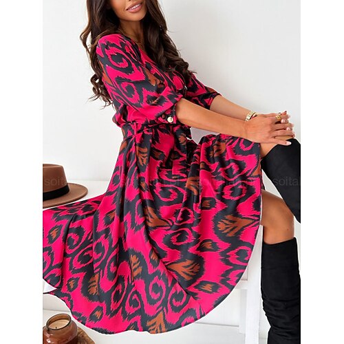 Damen Midikleid Freizeitkleid Schwingkleid A Linie Kleid Boho-Kleid Vintage Romantisch Lässig Täglich Normale Passform Blumen Langarm V Ausschnitt Schwarz Gelb Rote Purpur Frühling Herbst Image