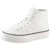Plateausneaker CALVIN KLEIN JEANS "BOLD VULC FLATF MID LTH IN", Damen, Gr. 36, schwarz-weiß (weiß, schwarz), Leder, unifarben mit Farbeinsatz, sportlich, Schuhe, High Top Sneaker, Schnürboots mit CK Logo an der Ferse