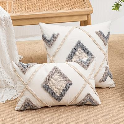 TEMU 1 Geometric Striped Pillow Cover Bohemian Wind Loop Velvet Embroidery With Hemp Rope Technology Is Suitable For Bedroom Living Room Sofa Cushion Cover. Image