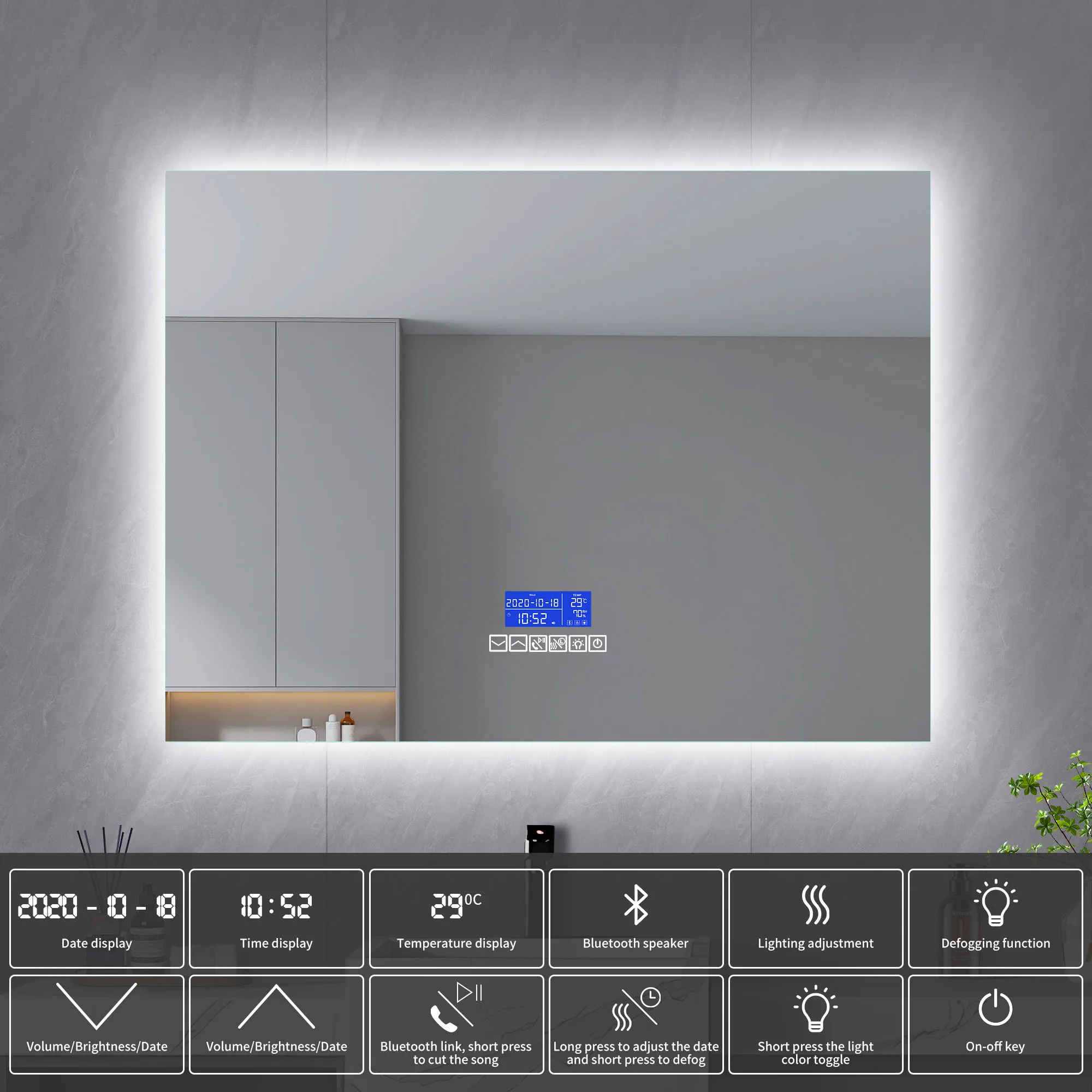 Rechteckiger Badezimmerspiegel 800 x 1000 mm mit LED-Beleuchtung, Bluetooth-Lautsprecher, Temperaturanzeige, Antibeschlag, 6-Tasten-Einstellung