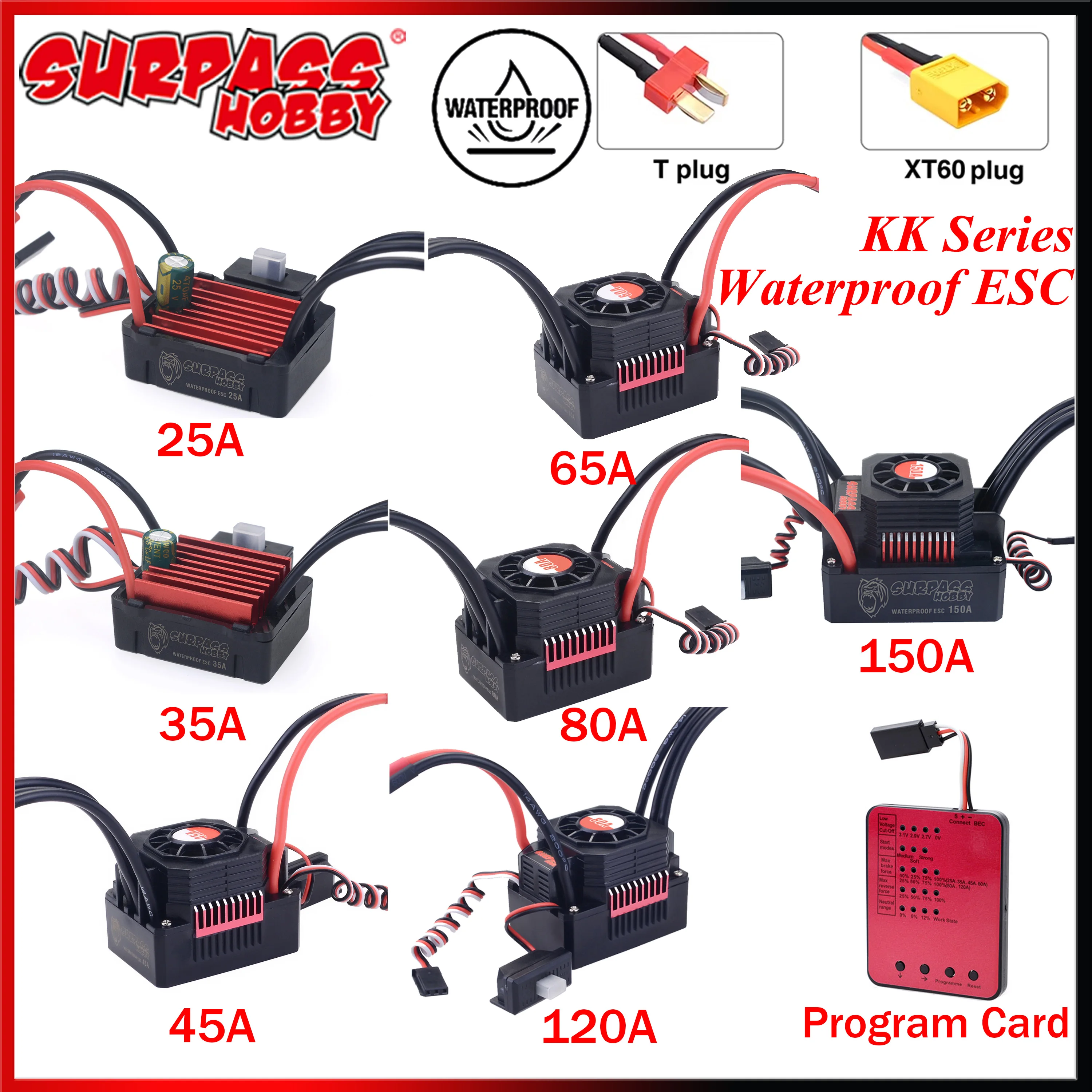 SURPASS HOBBY KK 150A 120A 80A 60A 45A 35A 25A T XT60 Stecker 2-6S Wasserdichter Regler für 1/8 1/10 1/12 1/14 1/16 RC Bürstenloser Motor