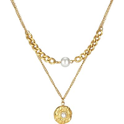 Kette mit Anhänger FIRETTI "Schmuck Geschenk Edelstahl Halsschmuck Halskette Layer doppelreihig", gold (gelbgoldfarben, weiß), Halsketten, Damen, Edelstahl-Perlen, L: 56,5cm, Edelstahl, Perlen, mit Perle (synth.) Image