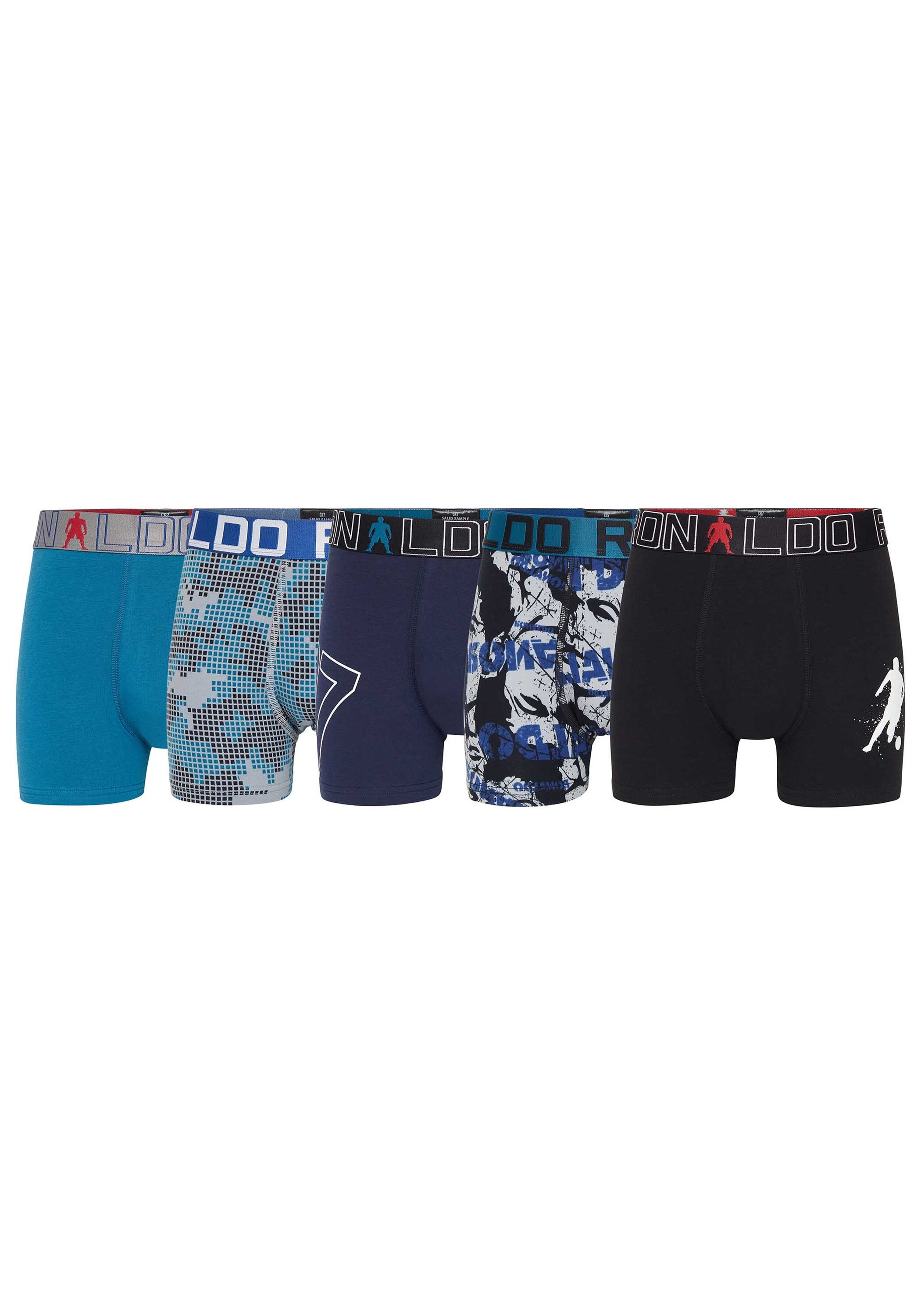 Boxershorts CR7 "Boxershort CR7 Boys Trunk 5-pack 5er Pack", Jungen, Gr. 158-164, bunt (schwarz, blau, türkis), Obermaterial: 95% Baumwolle CO. 5% Elasthan EL., Unterhosen