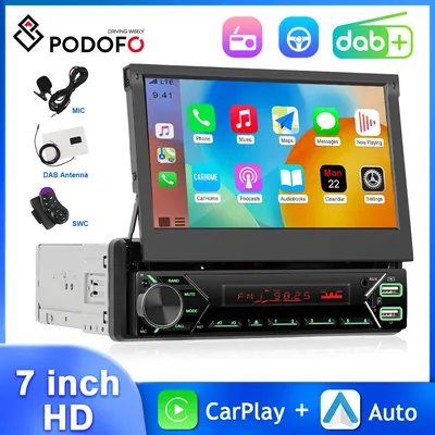 Podofo Automatic/Manual Retractable Screen 1Din 7'' MP5 Player Wireless Carplay Android Auto DAB+