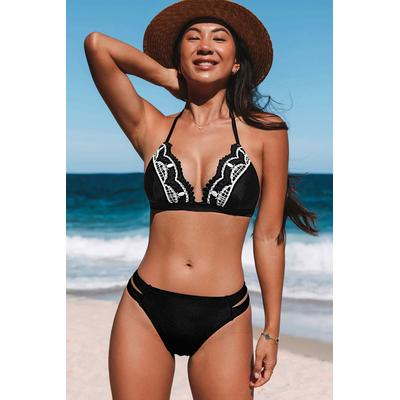Embroidered Plunge Bikini Top & Cutout Bottoms Set