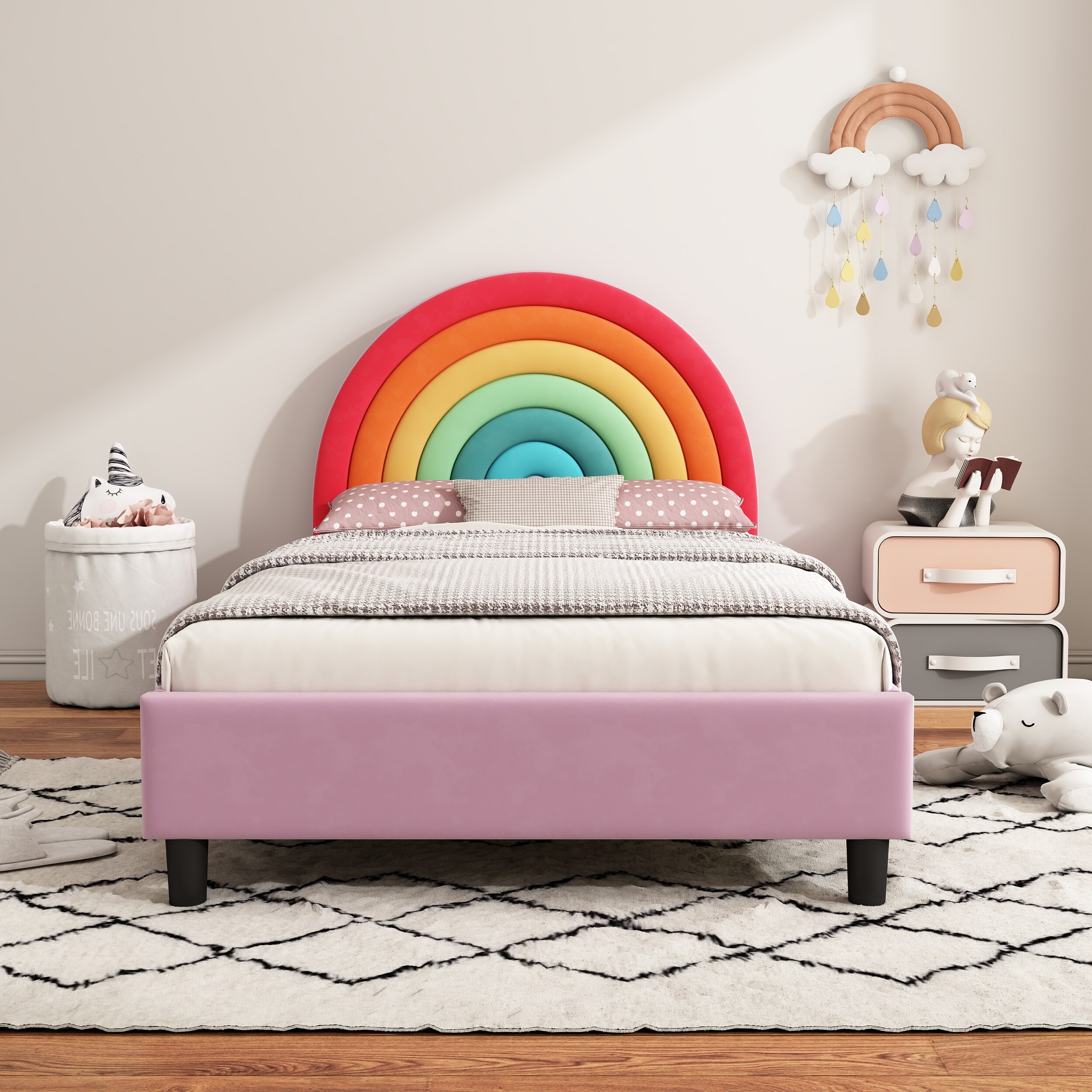 Charming Rainbow Design Upholstered Platform Bed for Kids, a Delightful and Imaginative Sleeping Space.
