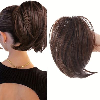 TEMU 1pc Elegant Body Wave Synthetic Ponytail Extension, 8-inch High Temperature Fiber Messy Bun Clip With Hairpin Comb For Women, Artificial Hairpiece Image